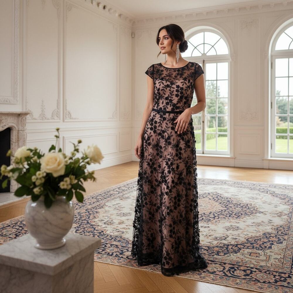 X by Xscape Black 3D Floral Appliqué Gown – Size 10, NWT